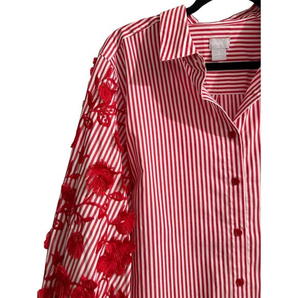 Chicos Embroidered Poplin Striped Red White Button Up Shirt Top Plus 3X - Picture 8 of 9